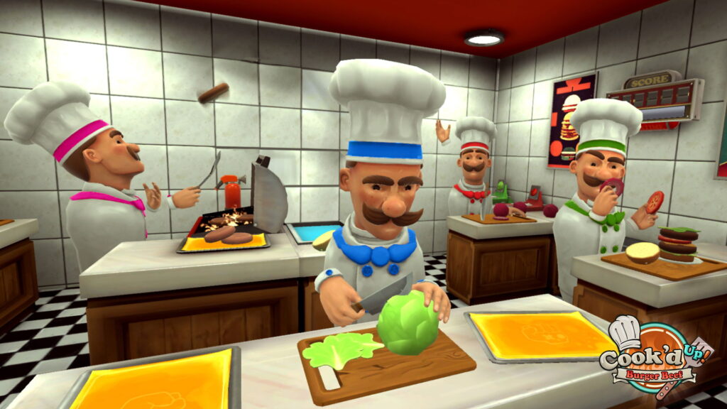 Cook'd Up VR Spiel in der VR Arena Lippstadt mit Team beim Burger zubereiten, schneiden und grillen in virtueller Küche